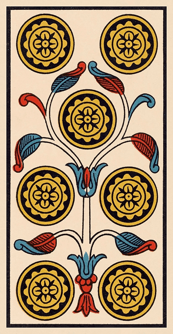 The Seven of Pentacles — Marseille version