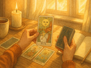 a person holding cards and a candle