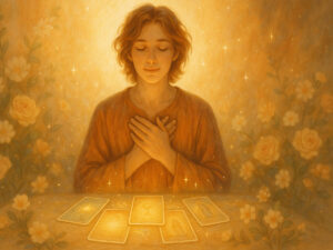 a person with hands on their chest and a group of cards on a table