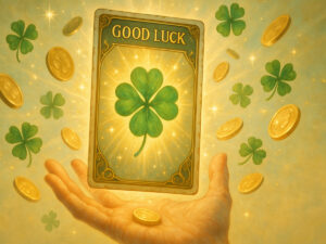 a hand holding a card with clover and coins