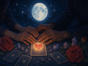 a person's hands over a table with cards and roses
