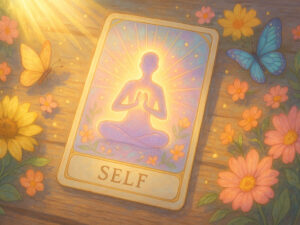 a painting of a person sitting in a lotus pose with butterflies and flowers
