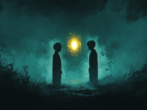 two people standing in the fog
