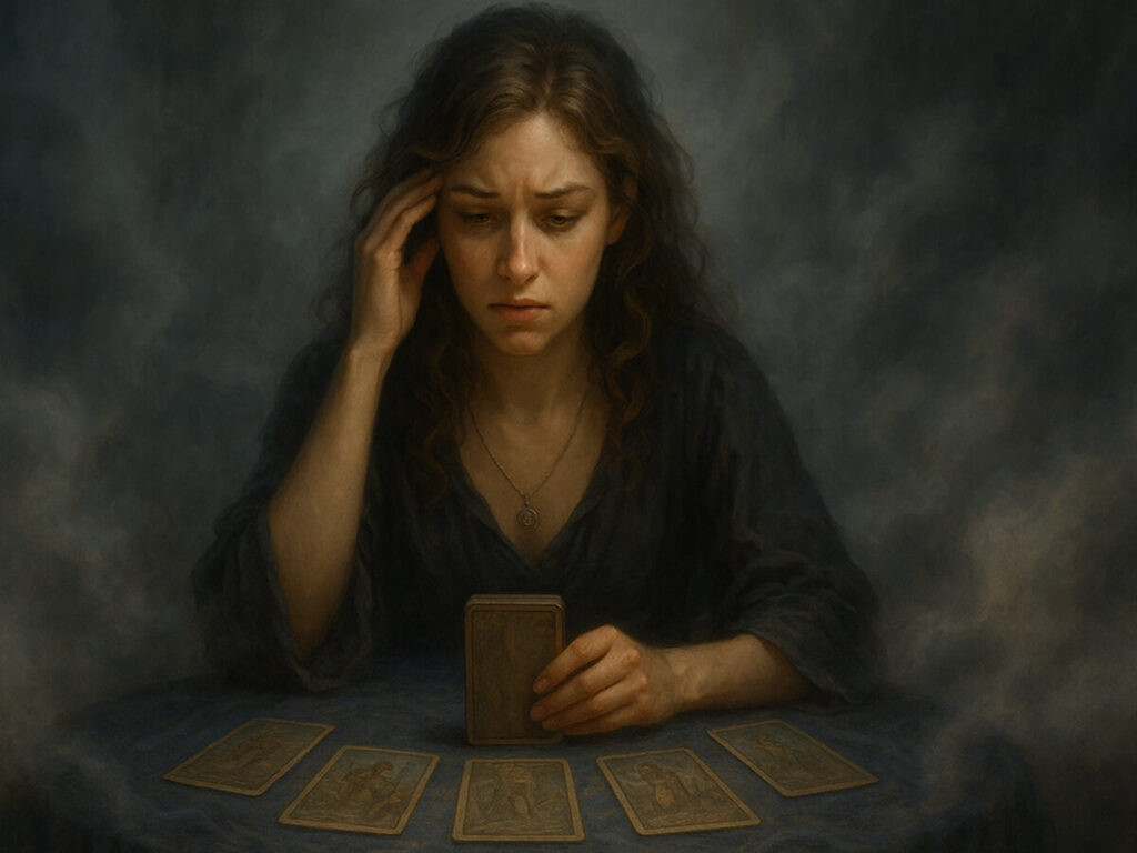 a woman sitting at a table with cards