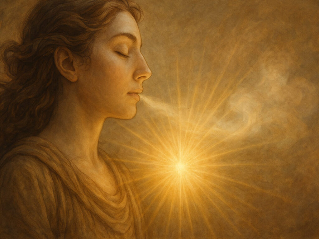 a woman with her eyes closed and a light shining behind her