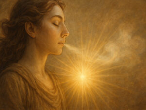 a woman with her eyes closed and a light shining behind her