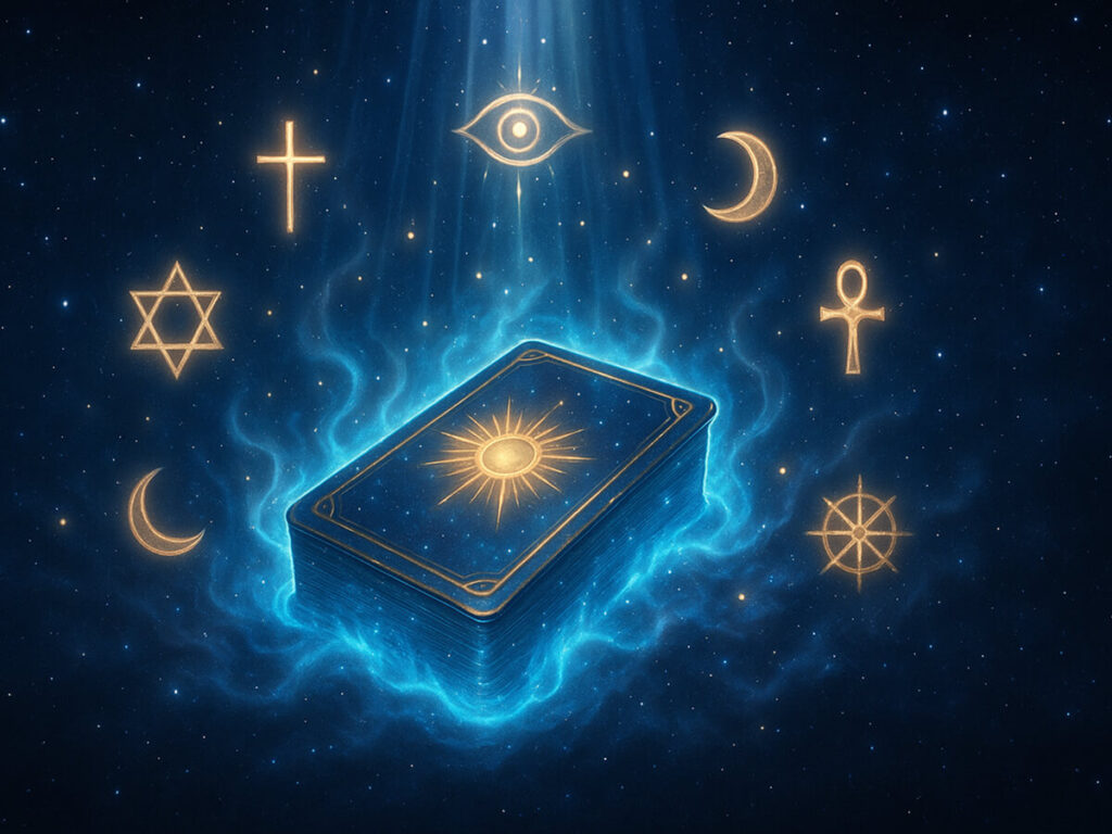 a deck of cards surrounded by symbols