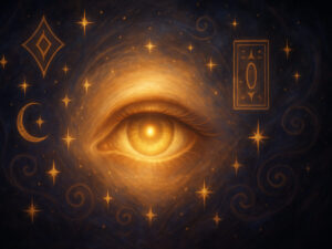 a painting of an eye and stars