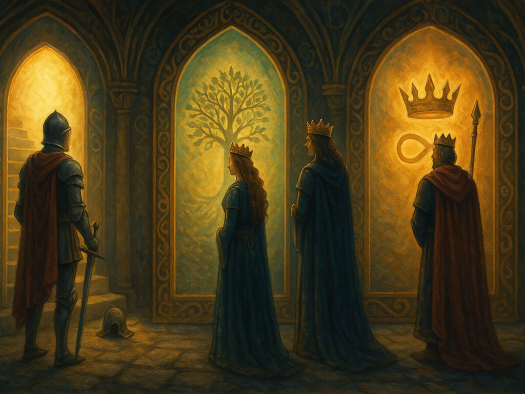 a group of people in a room with windows and crowns