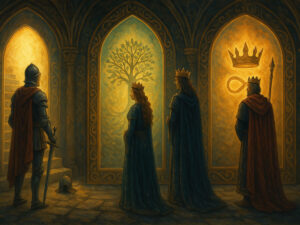 a group of people in a room with windows and crowns