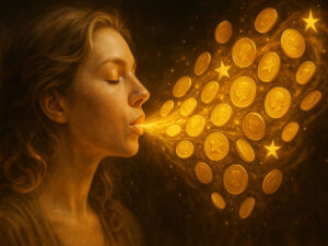a woman blowing coins into her mouth