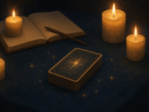 a deck of cards and candles on a table