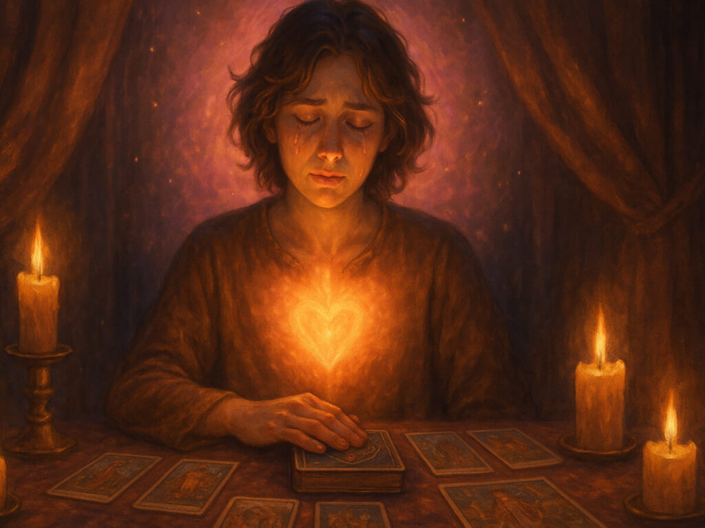 a person with eyes closed and a candle in front of cards