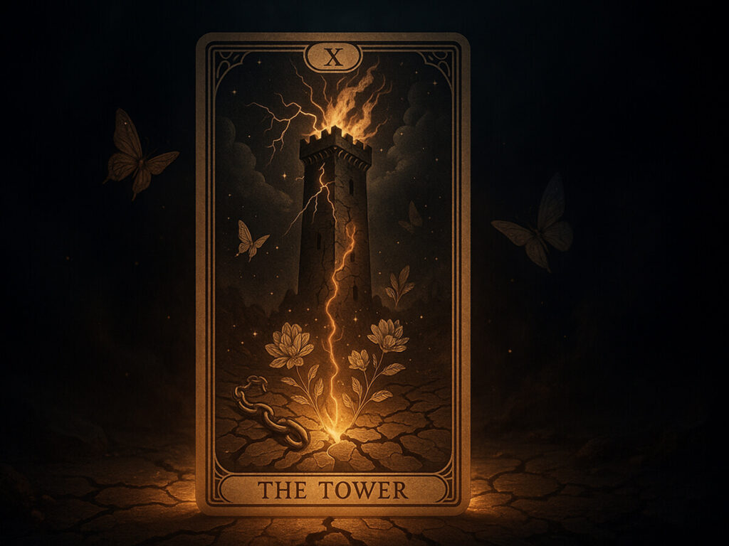 a card with lightning bolt and a tower