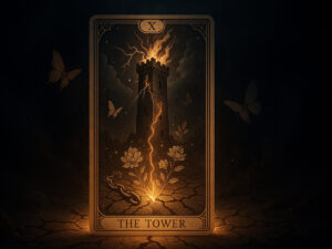 a card with lightning bolt and a tower