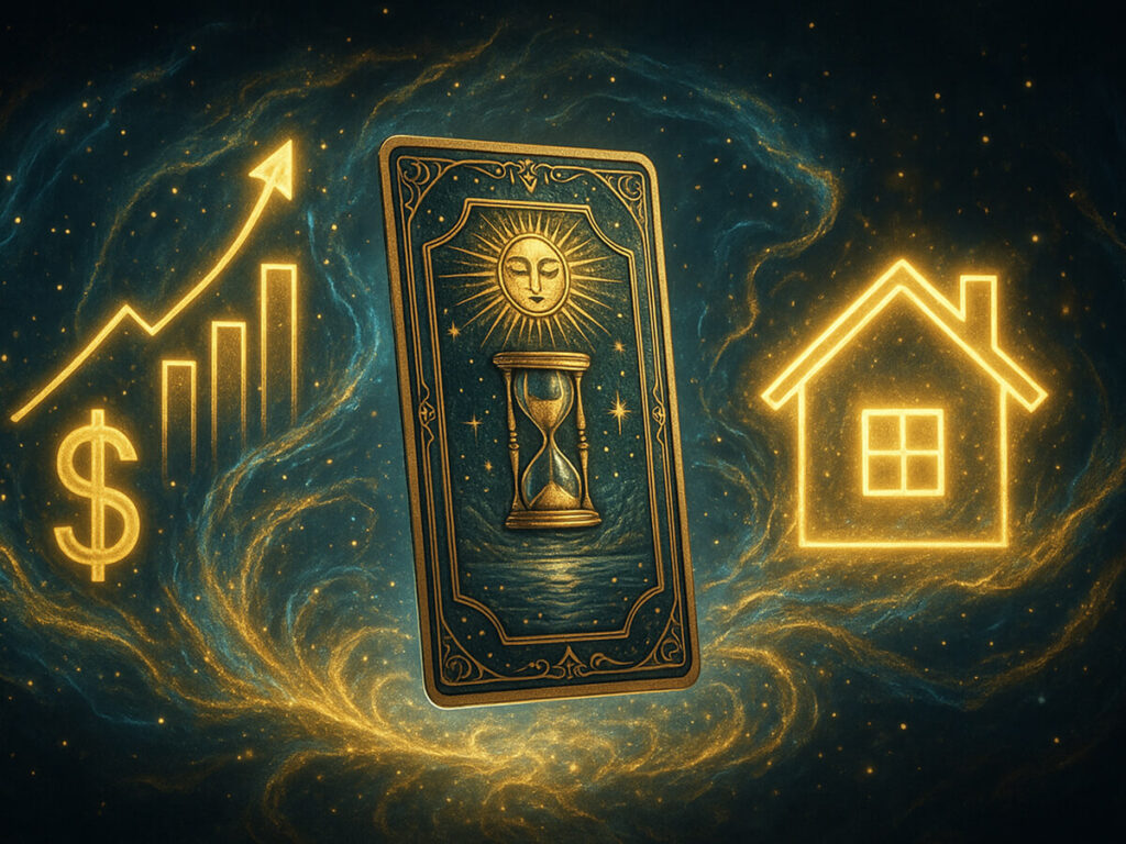 a card with a sun and a house in the background