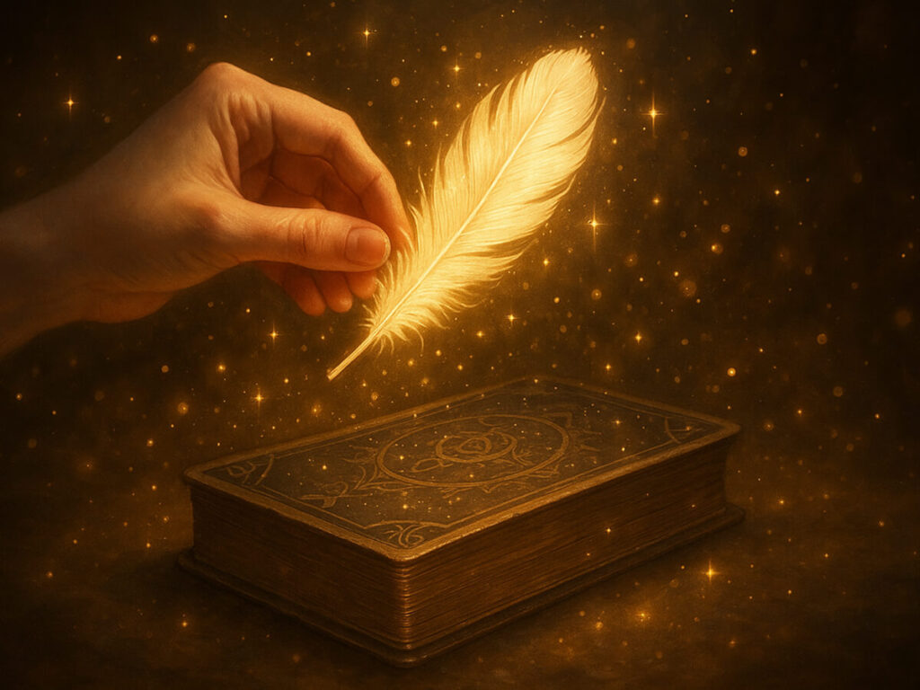 a hand holding a feather over a book