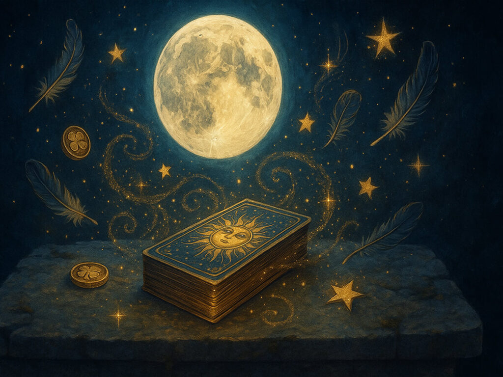 a deck of cards and coins with the moon in the background