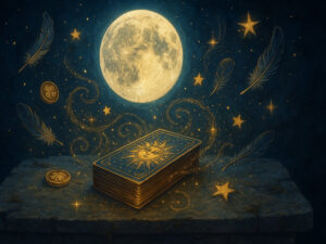 a deck of cards and coins with the moon in the background