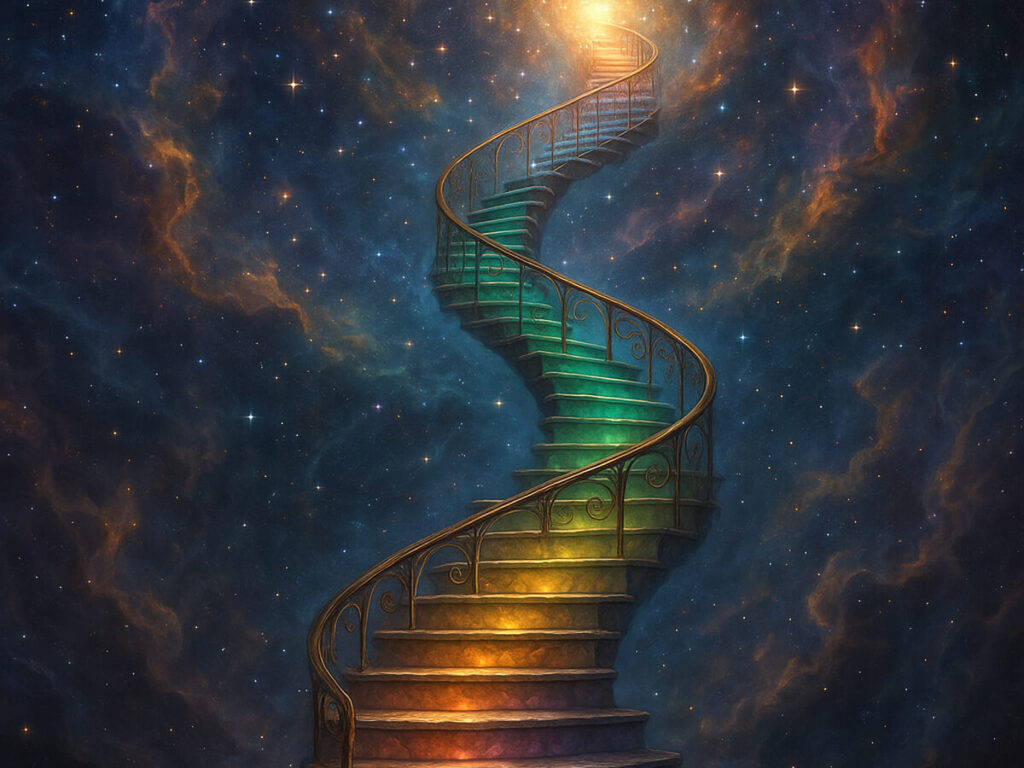 a spiral staircase with colorful lights