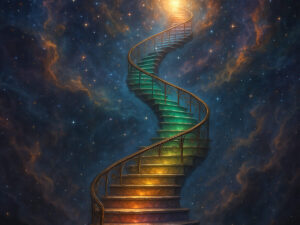 a spiral staircase with colorful lights