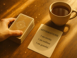 a hand holding a deck of cards next to a cup of tea