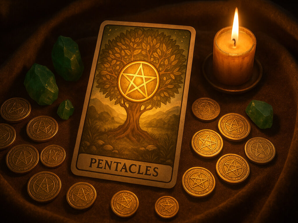a tarot card and coins next to a candle