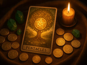 a tarot card and coins next to a candle