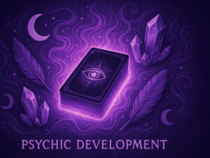 a purple cover with a deck of cards and crystals