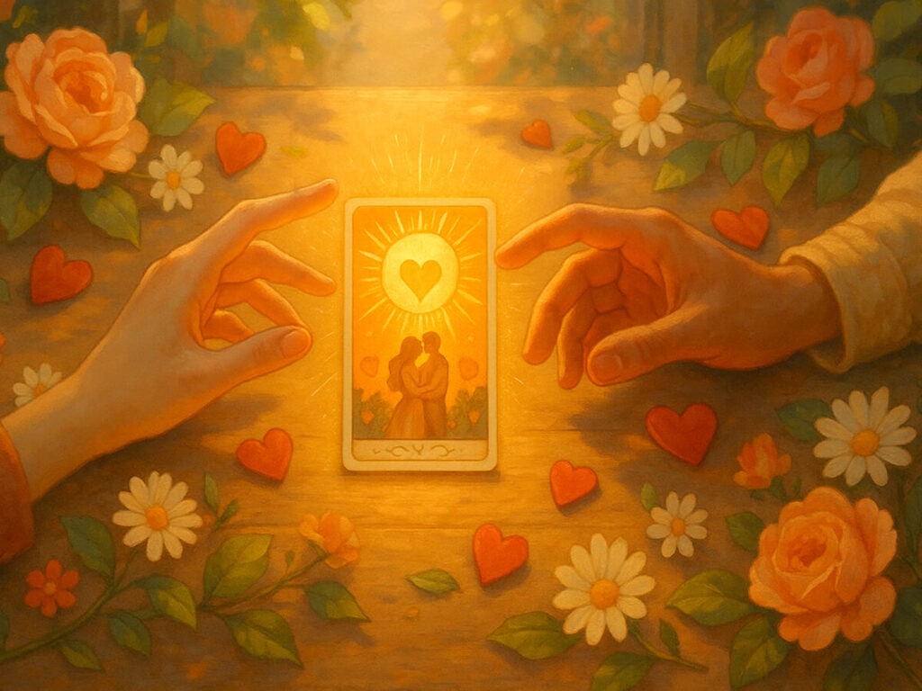 a painting of hands touching a card with a bright light
