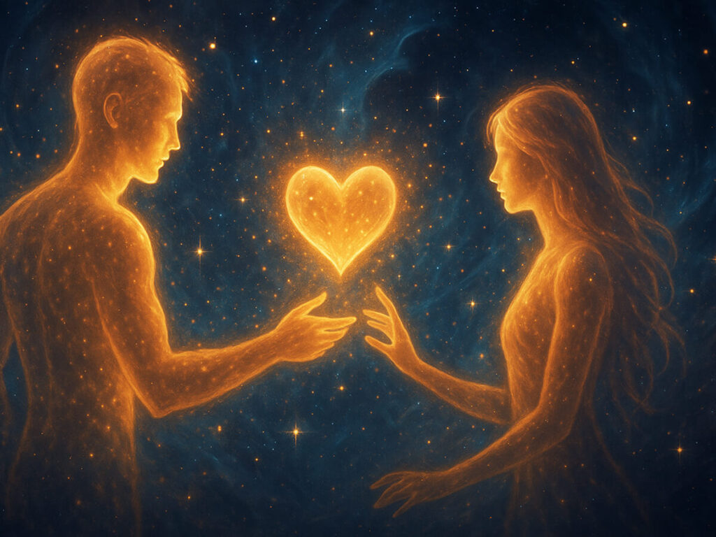 a man and woman looking at a heart