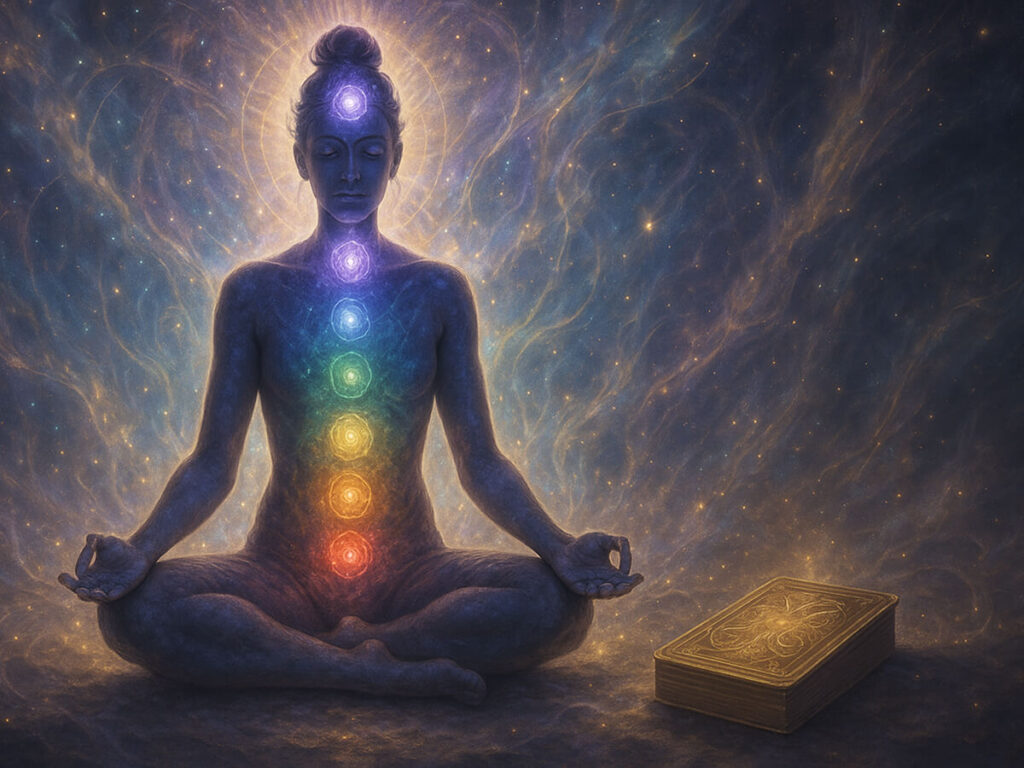 a person sitting in a lotus position with seven chakras