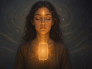 a woman with her eyes closed and a rectangular object with a star above her