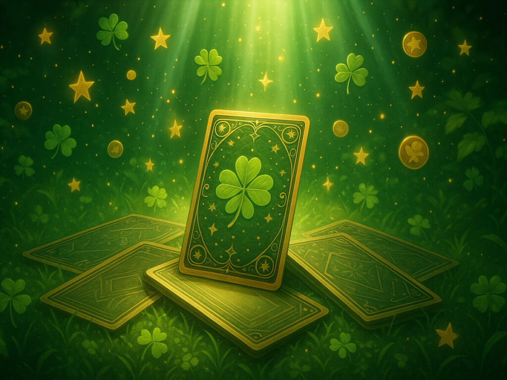 a green card with clovers and coins