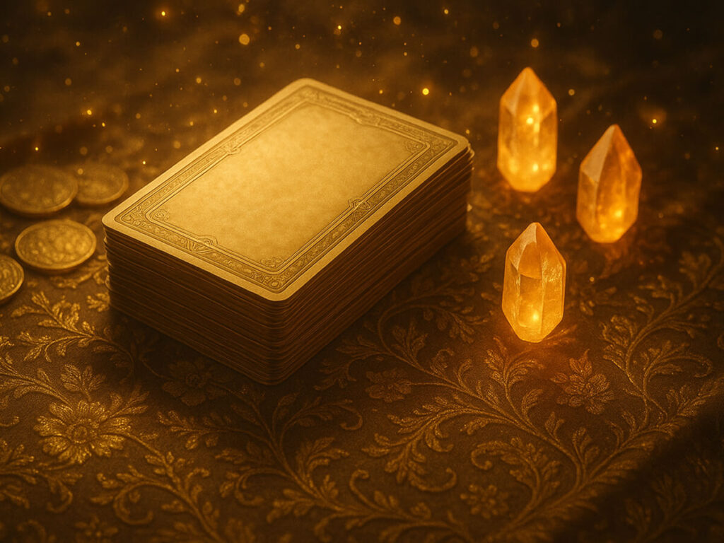 a deck of cards and lit up crystals