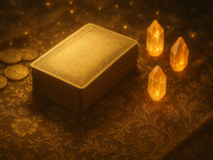 a deck of cards and lit up crystals