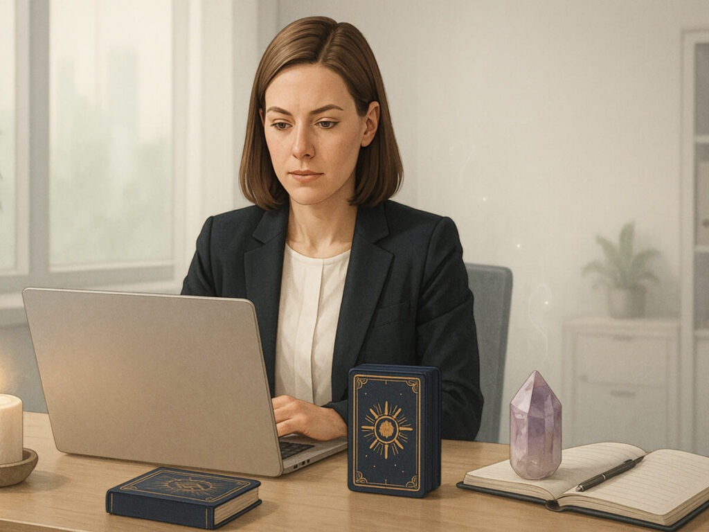 a woman sitting at a desk with a laptop