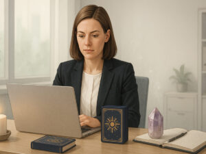 a woman sitting at a desk with a laptop