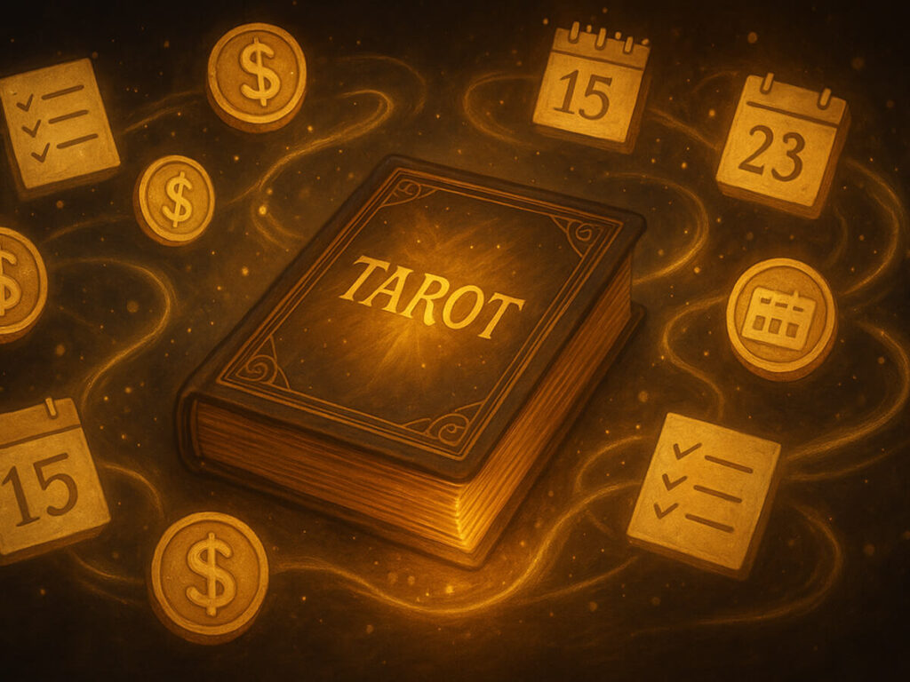 a book with a lit up cover and coins around it