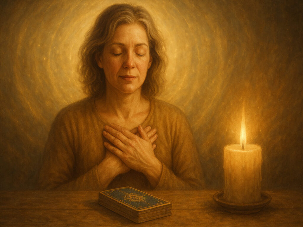 a woman with her hands on her chest and a candle