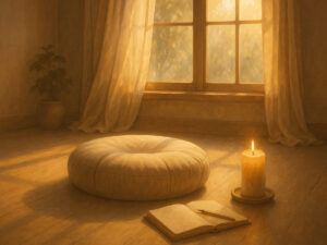 a room with a candle and a book