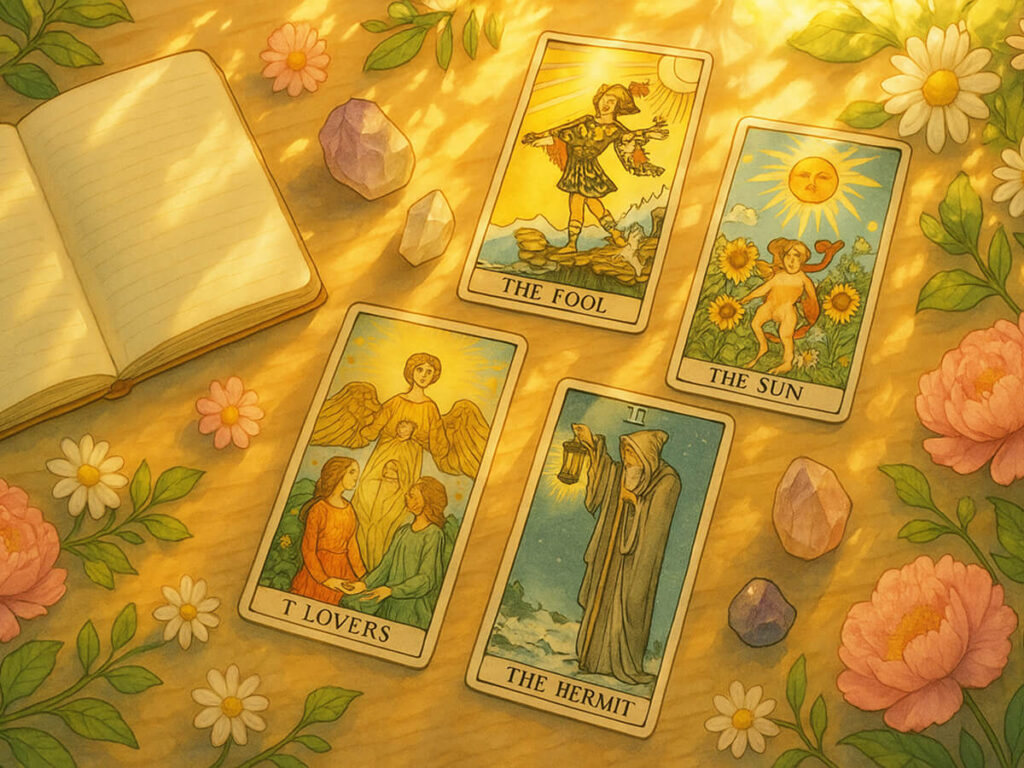 a group of cards and a notebook on a table