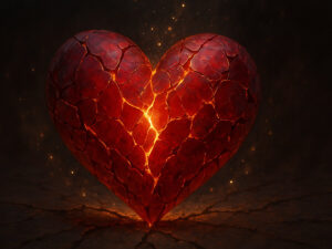 a heart shaped red stone with a crack in the middle
