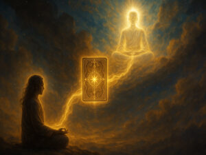 a person sitting in a meditating position with a card in the middle