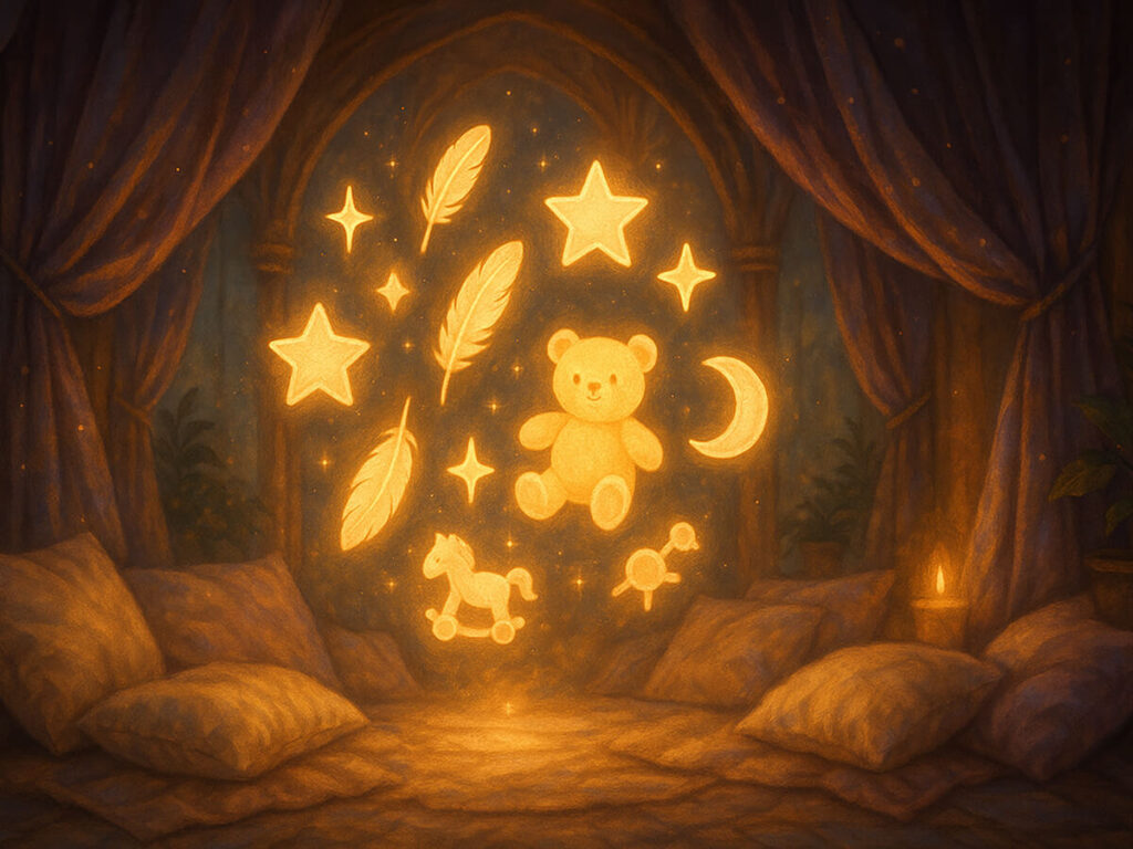 a lit up teddy bear and stars and feathers in a room