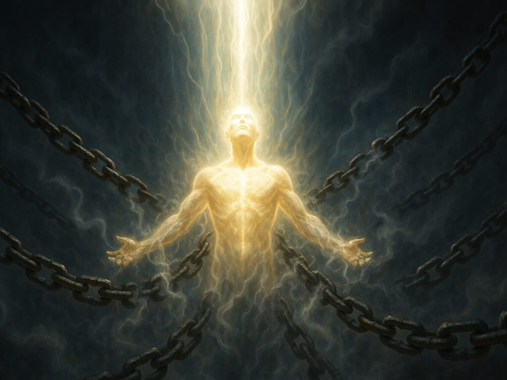 a man with arms stretched out in chains