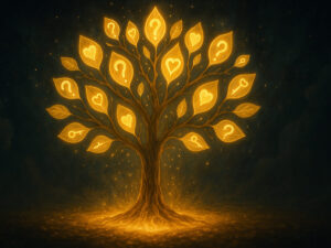 a tree with many leaves and question marks