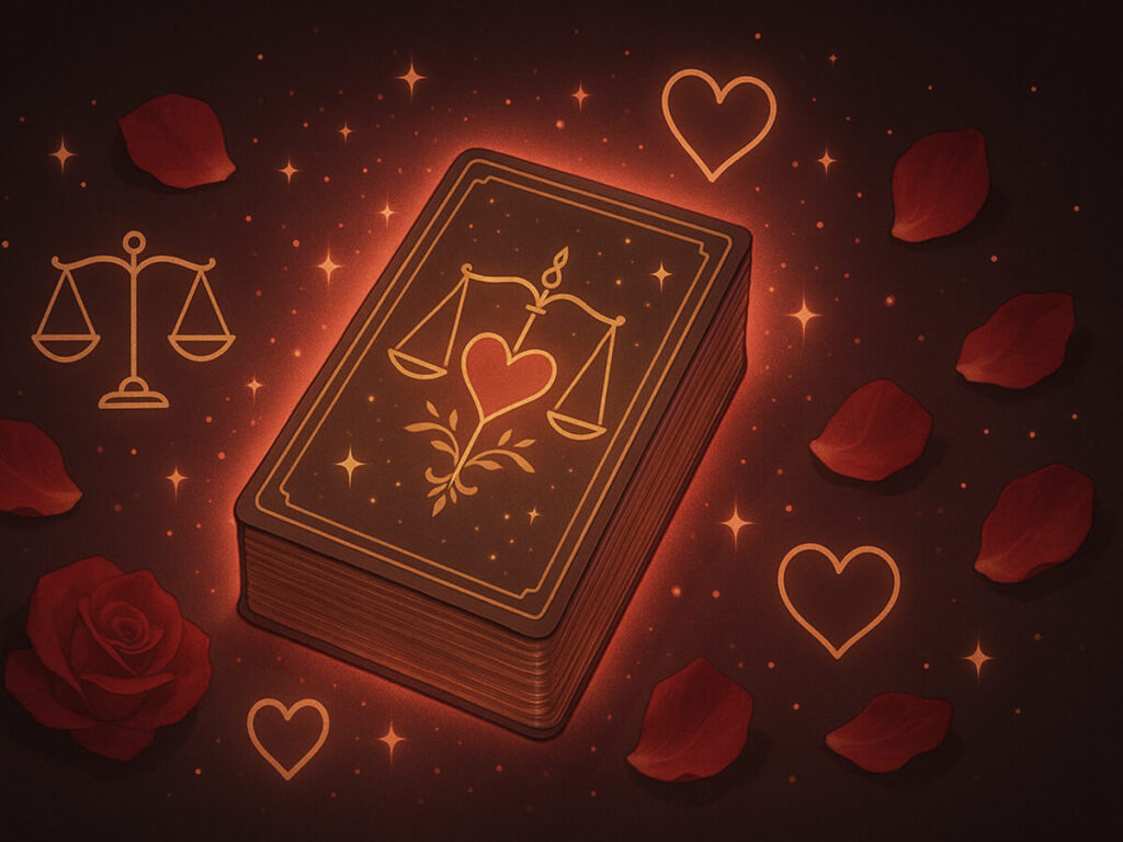 a deck of cards with a picture of scales and hearts surrounded by rose petals