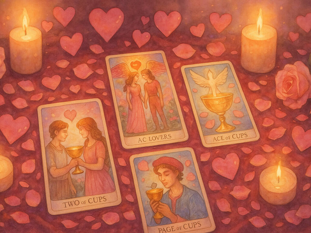 a group of cards with hearts and candles