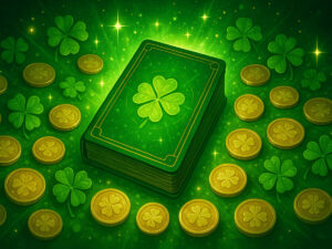 a green card with a four leaf clover on it surrounded by gold coins